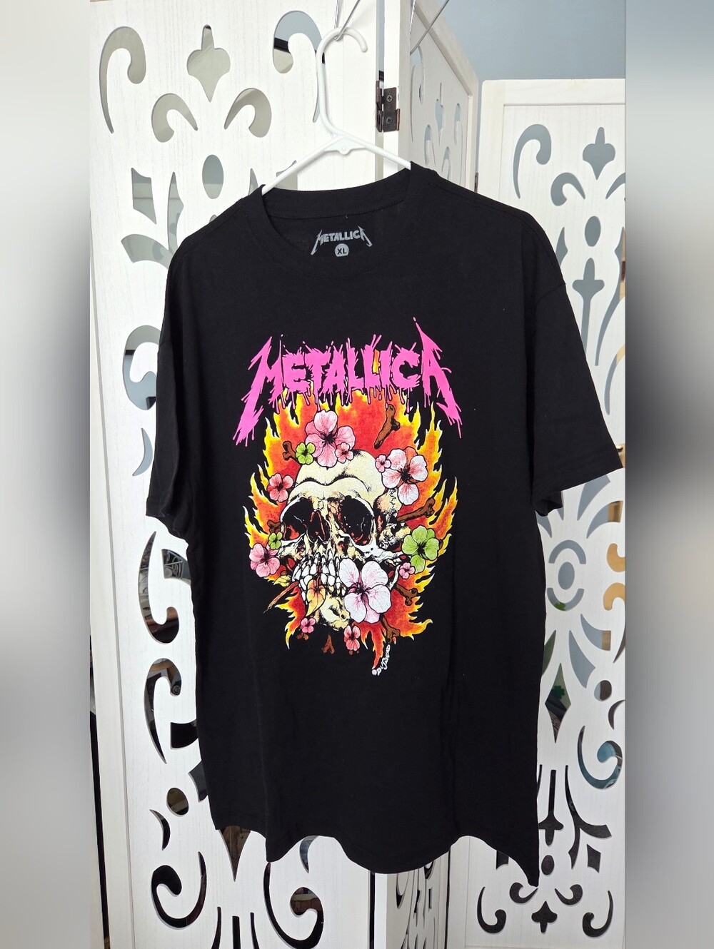 Metallica Pushead Flaming Skull Hibiscus Flowers Black T Shirt Mens XL NWOT